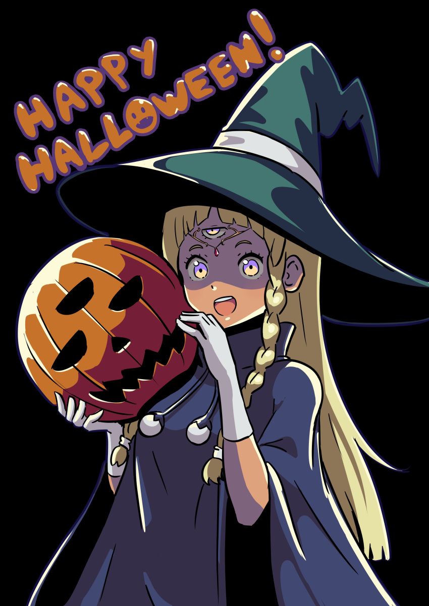 1girl, absurdres, arms_up, black_background, black_hat, black_robe, blonde_hair, braid