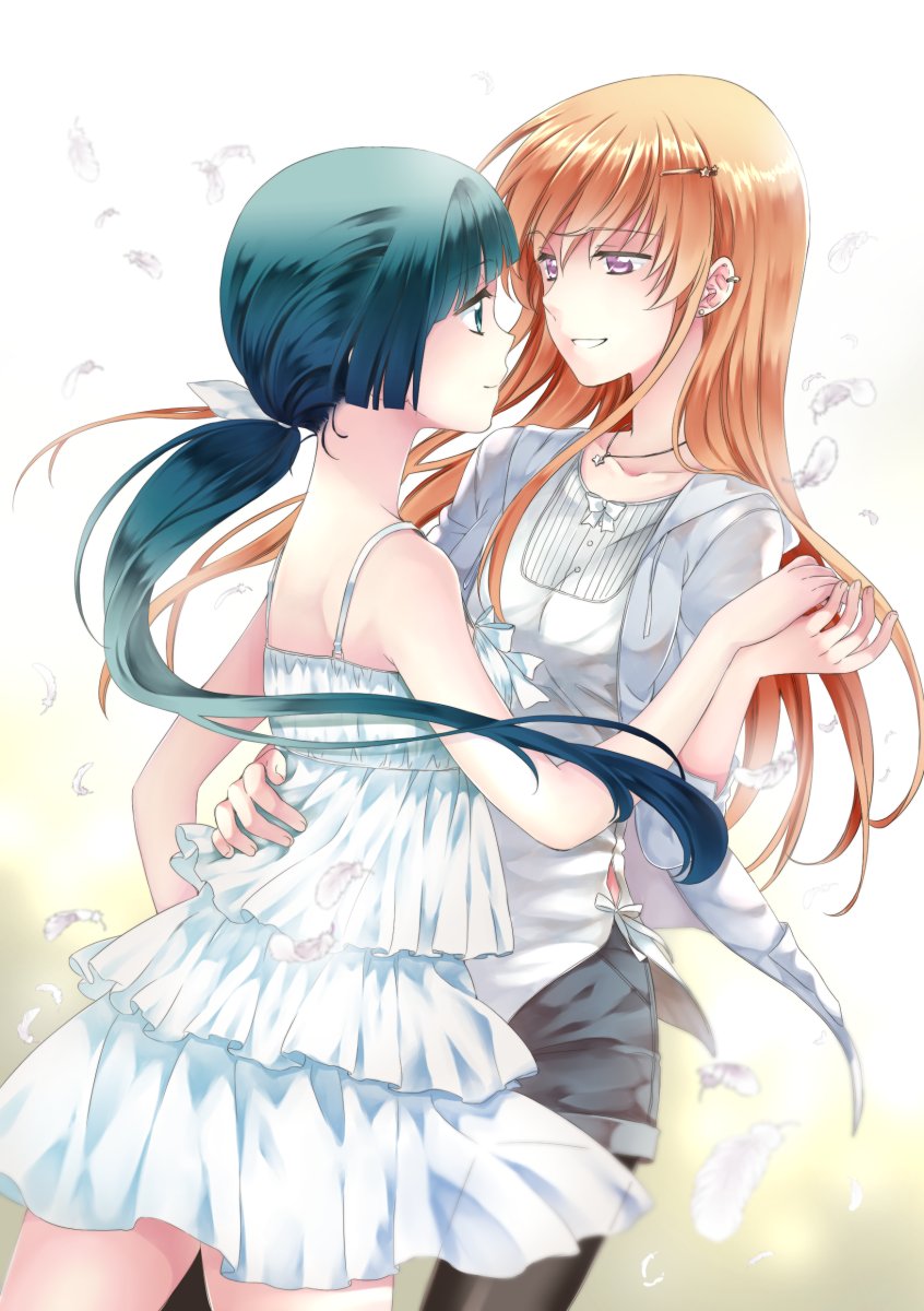 2girls, ana_c._sanchez, bare_arms, black_pantyhose, black_shorts, blue_eyes, blue_hair, closed_mouth