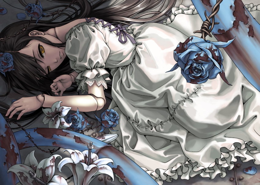 1girl, black_hair, blue_rose, doll_joints, dress, flower, lily_(flower), long_hair