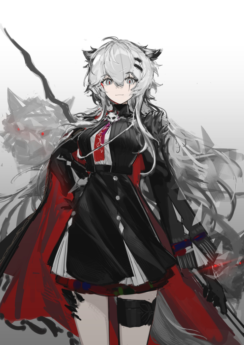 1girl, absurdres, aiguillette, animal_ears, arknights, black_gloves, black_skirt, breasts