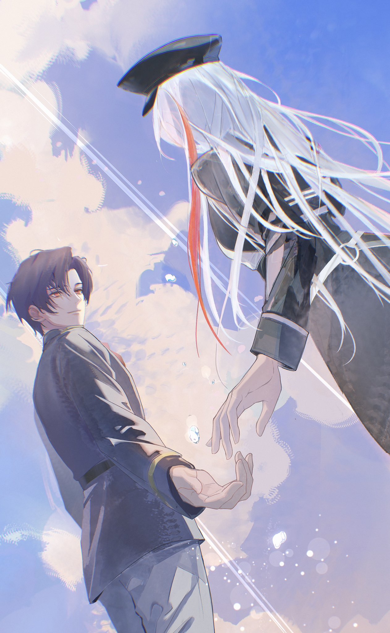 1boy, 1girl, 86_-eightysix-, black_hair, from_behind, hat, highres, military_hat