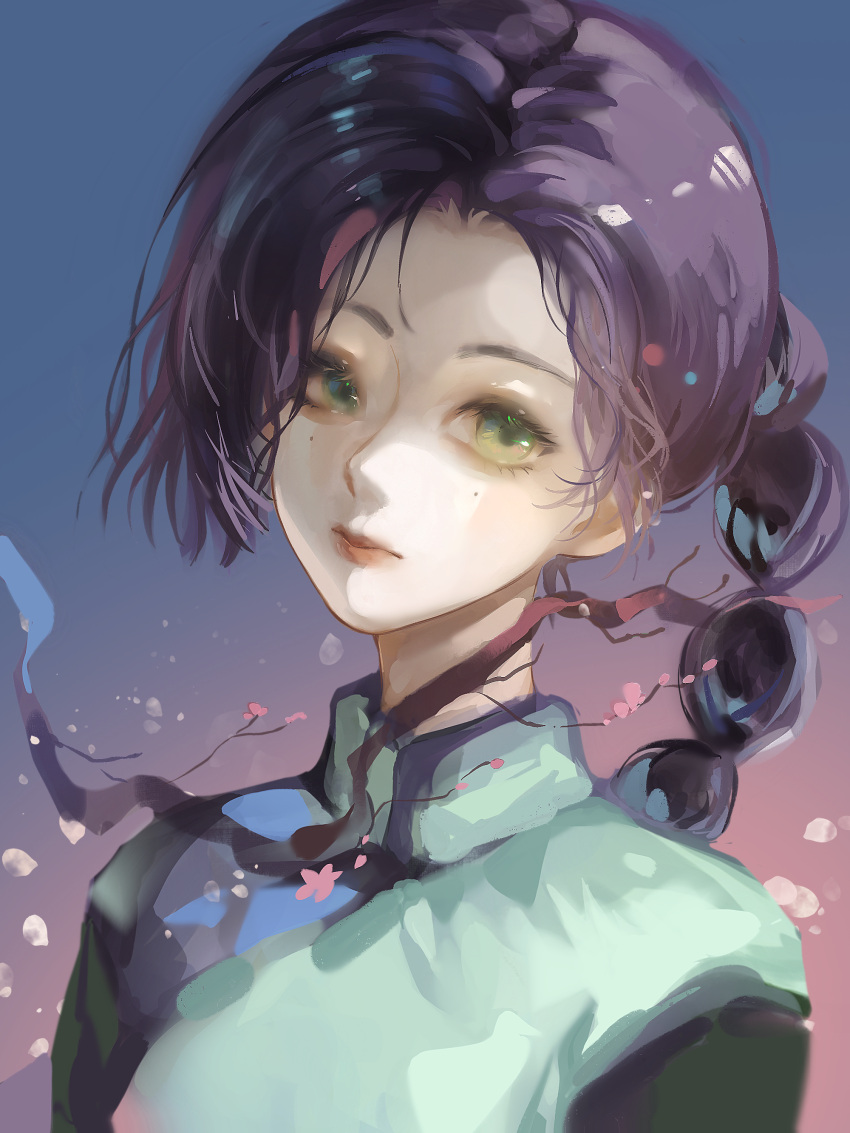 1girl, absurdres, aqua_dress, black_hair, blue_background, braid, braided_ponytail, branch
