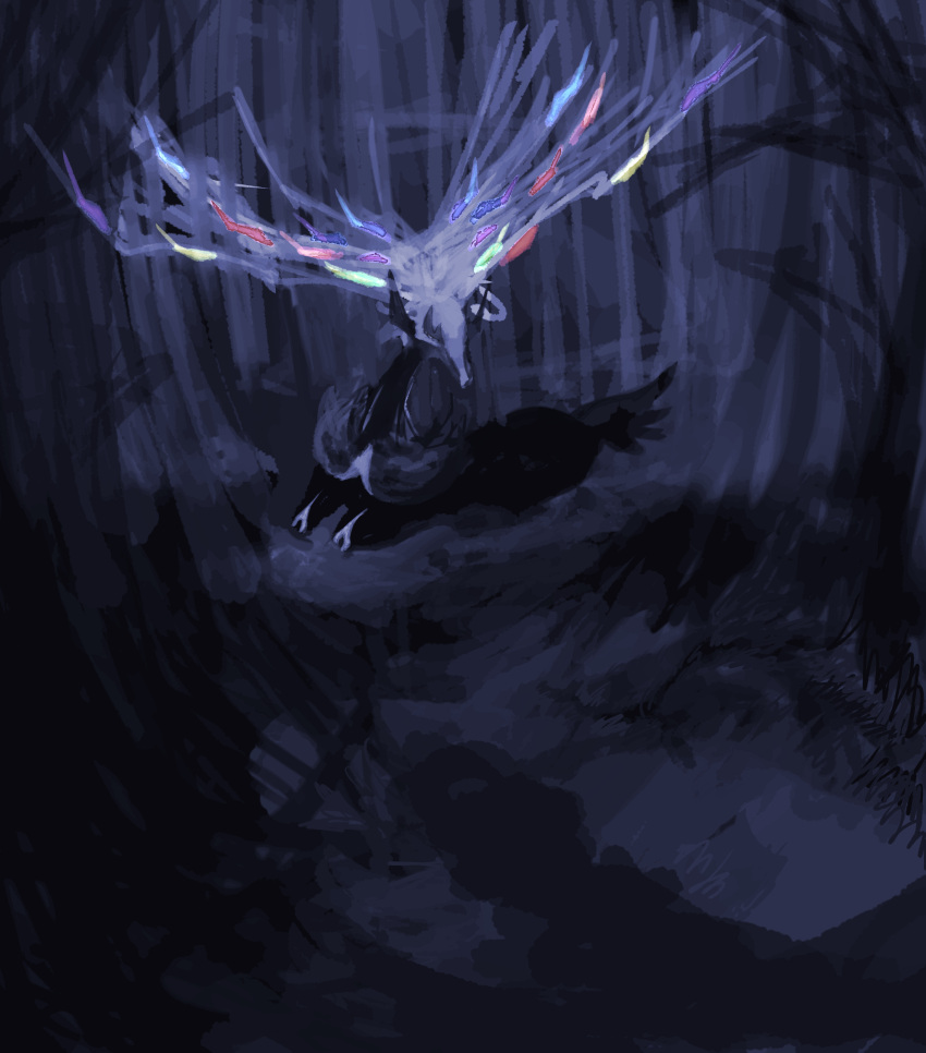 absurdres, animal_focus, commentary_request, dark, forest, full_body, grey_eyes, highres