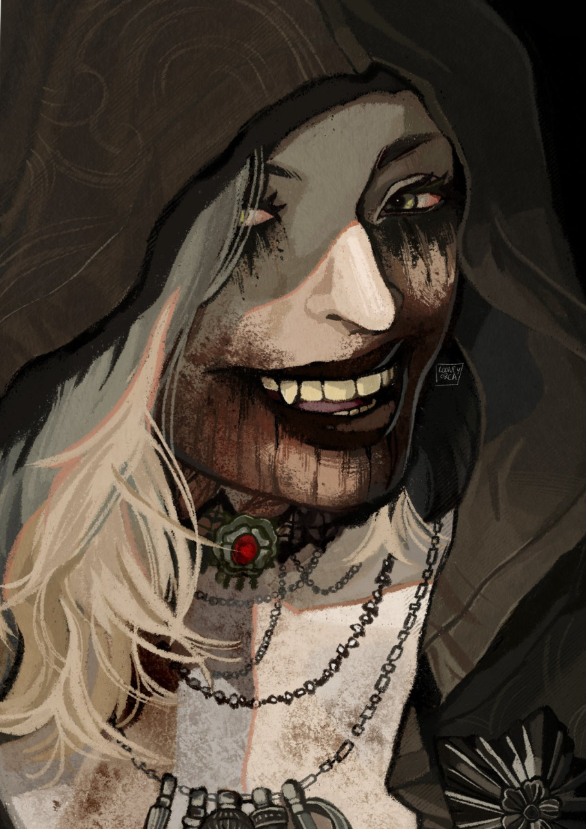 1girl, bela_dimitrescu, black_cloak, black_lips, blonde_hair, blood, blood_from_mouth, blood_on_face, cloak, dried_blood, green_eyes, highres, hood, hooded_cloak, looking_at_viewer, looneyorca, makeup, mascara, multiple_necklaces, resident_evil, resident_evil_village, solo