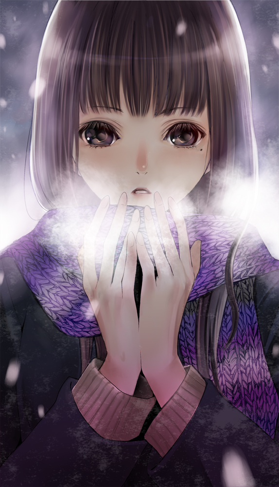 blunt_bangs, breath, brown_eyes, brown_hair, coat, eyelashes, hands, kiyohara_hiro, kyoko, long_hair, mole, original, scarf, snow, snowing, solo