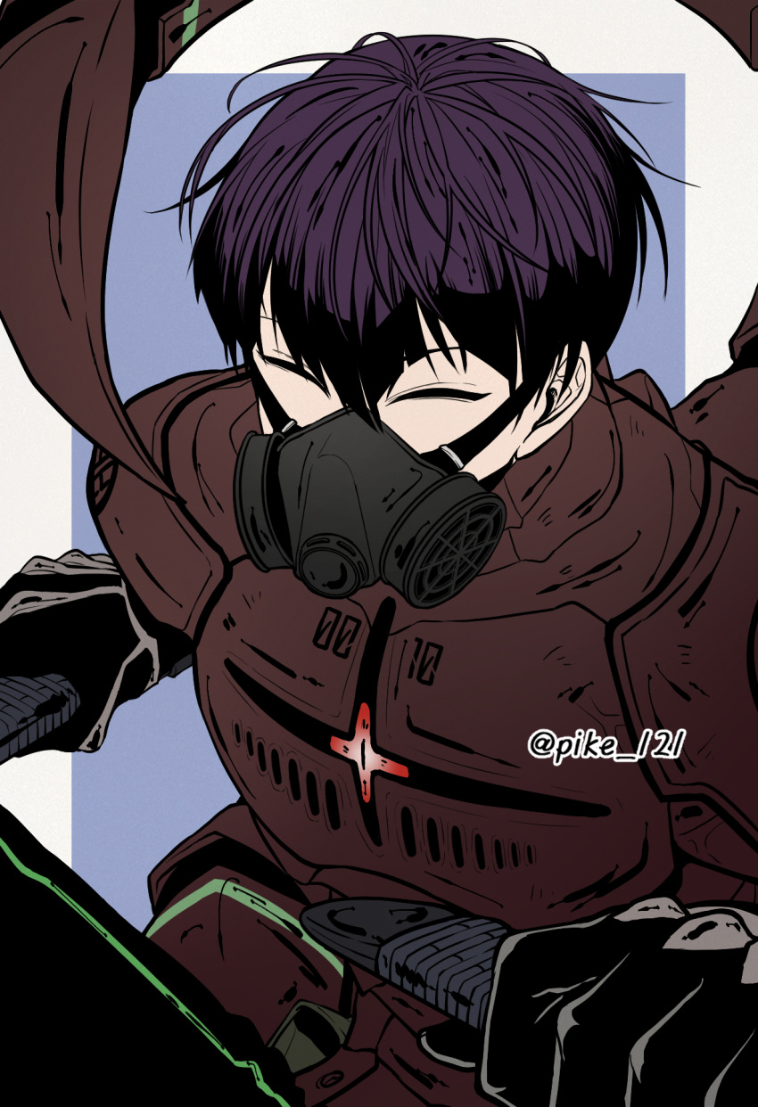 1boy, armor, black_hair, closed_eyes, gas_mask, gloves, hair_between_eyes, highres