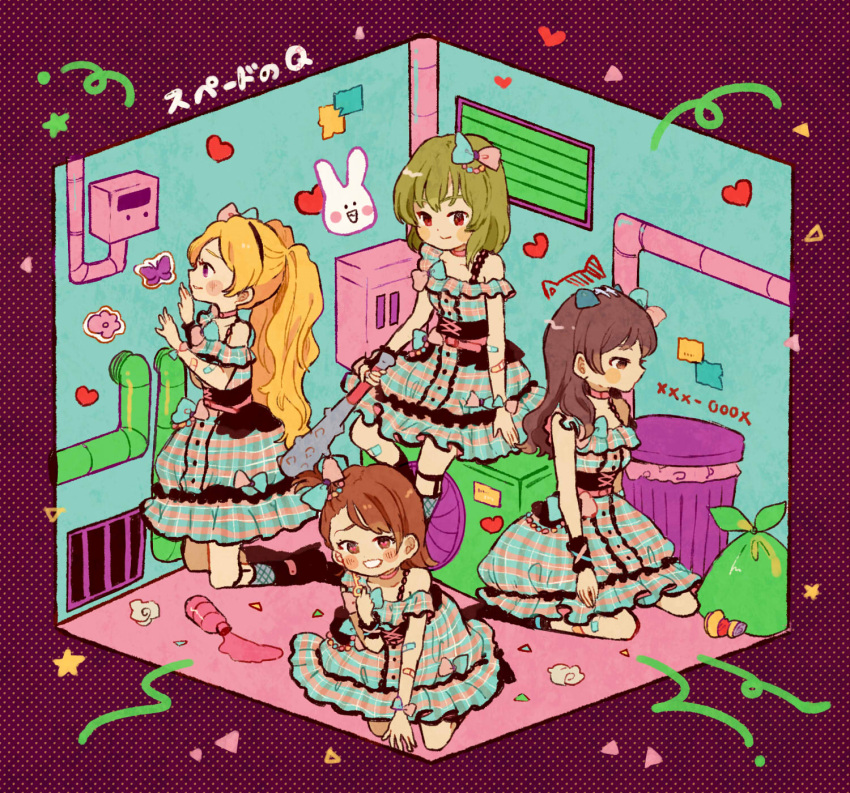 4girls, air_vent, alley, animal_ears, arms_at_sides, bandaid, bandaid_on_arm, bandaid_on_leg, beads, belt, black_corset, black_footwear, blonde_hair, blush_stickers, boots, bottle, brown_eyes, brown_hair, buttons, cat_ears, choker, club_(weapon), condenser_unit, confetti, corner, corset, crumpled_paper, crushed_can, dotted_background, dress, emily_stewart, expressionless, fish_bone, fishnet_socks, fishnets, frilled_dress, frills, fusebox, futami_ami, garter_straps, graffiti, grate, green_hair, grin, hair_beads, hair_ornament, hair_ribbon, hairband, hand_on_floor, hand_on_wall, heart, heart-shaped_pupils, highres, holding, holding_club, holding_weapon, idolmaster, idolmaster_million_live!, idolmaster_million_live!_theater_days, industrial_pipe, key, kitazawa_shiho, kneeling, leaning_forward, looking_at_viewer, multicolored_clothes, multicolored_dress, multicolored_ribbon, multiple_girls, nagayoshi_subaru, phone_number, pink_belt, pink_choker, plaid_clothes, plaid_dress, rabbit, red_eyes, ribbon, short_hair, short_ponytail, side_ponytail, sitting, sitting_in_corner, smile, socks, spiked_bat, spill, star_(symbol), sticker, sumomo_030102, symbol-shaped_pupils, trash_bag, trash_can, twintails, violet_eyes, wavy_hair, weapon, wrist_ribbon, wristband