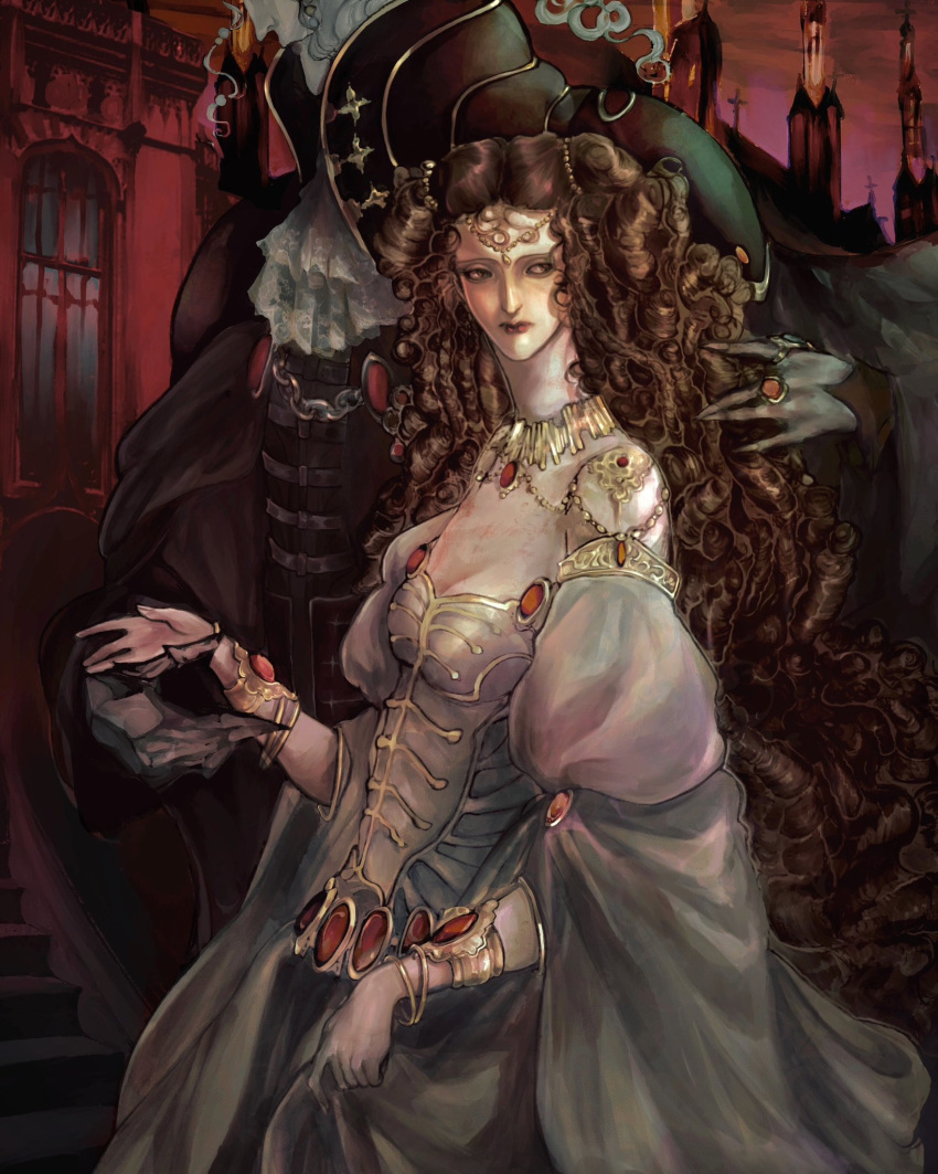 1boy, 1girl, bracelet, brown_hair, charlotte_elbourne, couple, cross, dress