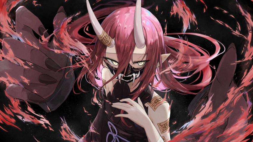 1girl, absurdres, asaba_(asaba_6771), bare_shoulders, black_kimono, cone_horns, disembodied_hand, fire