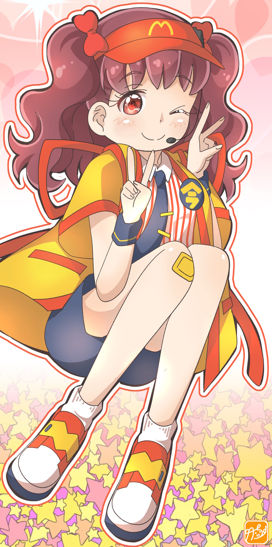 1girl, ;), back_bow, badge, bandaid, bandaid_on_knee, bandaid_on_leg, black_necktie