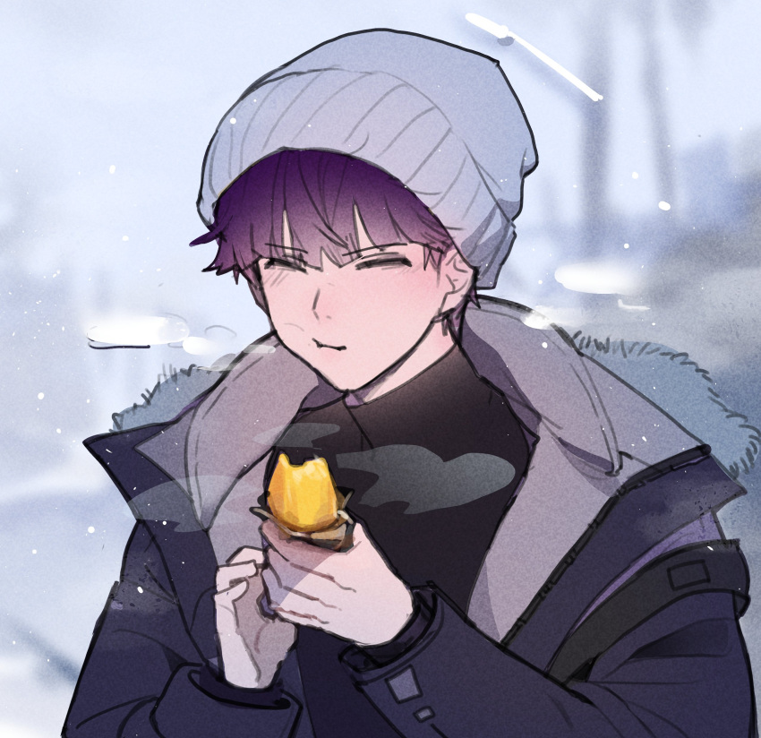 1boy, absurdres, closed_eyes, closed_mouth, coat, food, hat, highres, holding, holding_food, hoshina_soshiro, hosi_224, kaijuu_no._8, male_focus, purple_hair, sweet_potato, upper_body, winter_clothes, winter_coat