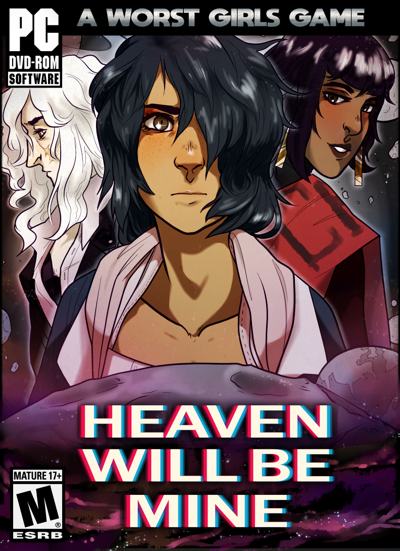 3girls, black_background, black_bra, black_eyes, black_hair, black_jacket, black_shirt, blue_hair, blue_jacket, blunt_bangs, bra, brown_eyes, closed_mouth, collarbone, copyright_name, cover, dark-skinned_female, dark_skin, earrings, earth_(planet), feralroyal, freckles, frown, glowing, hair_over_one_eye, heaven_will_be_mine, jacket, jewelry, long_hair, looking_at_viewer, luna-terra_(heaven_will_be_mine), lunar_surface, medium_hair, moon, multiple_girls, open_mouth, planet, pluto_(heaven_will_be_mine), portrait, red_sash, sash, saturn_(heaven_will_be_mine), shirt, smile, space, underwear, video_game_cover, white_hair, white_shirt