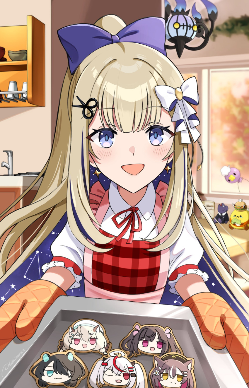 1girl, amanogawa_shiina, apron, blonde_hair, blue_eyes, bow, chandelure, character-themed_food