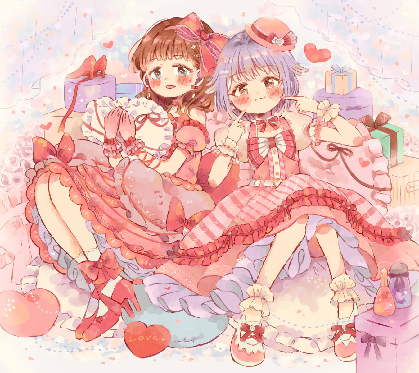 2girls, ankle_bow, belt, blue_eyes, blush, bow, bow_earrings, box