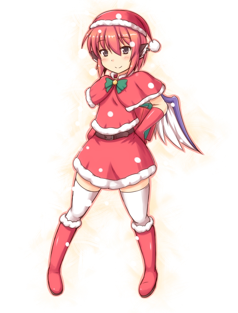 animal_ears, belt, black_eyes, boots, brown_eyes, capelet, christmas, earrings