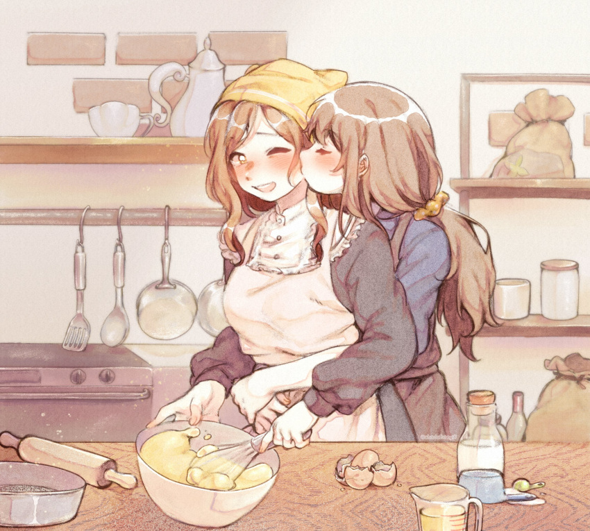 2girls, alternate_hair_length, alternate_hairstyle, apron, arms_around_waist, baking, black_dress, blush