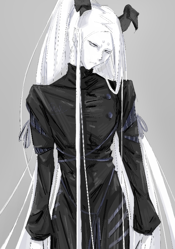 1boy, black_dress, black_horns, boruto:_naruto_next_generations, closed_mouth, cowboy_shot, dress, grey_background