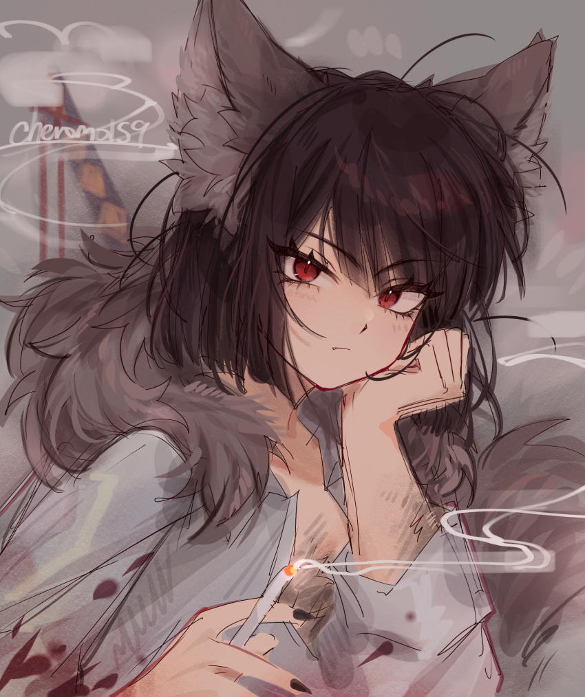 1girl, absurdres, animal_ears, black_hair, blood, blood_on_clothes, bob_cut, cheromo159