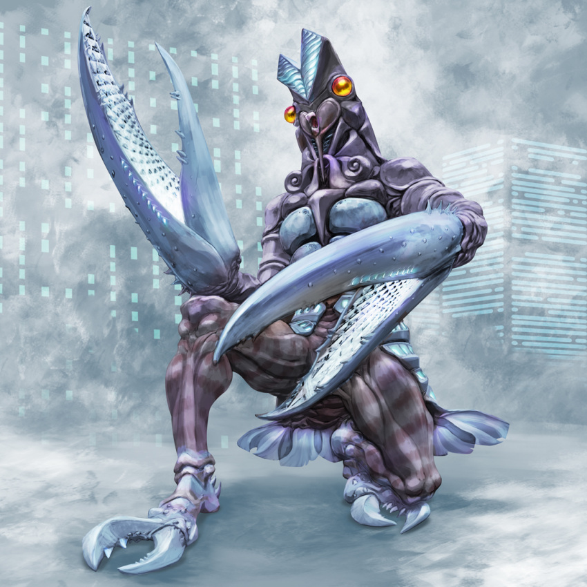 alien, baltan_seijin, blue_skin, building, city, cityscape, claws, colored_skin