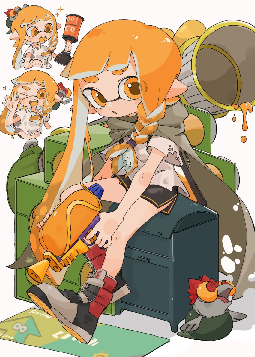 1girl, agent_3_(splatoon_3), asymmetrical_hair, black_shorts, boots, braid, brown_cape, cape