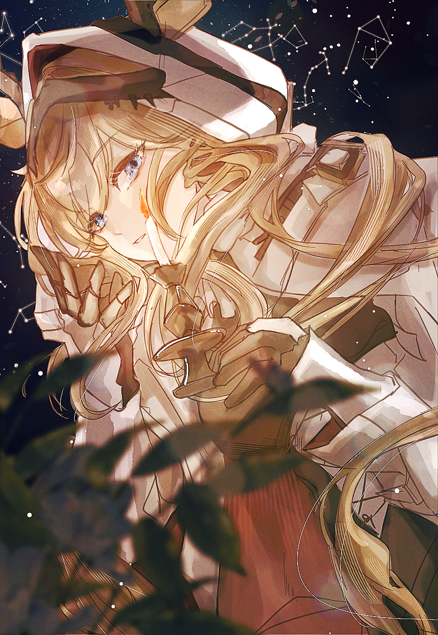 1girl, animal_ears, antlers, antlers_through_headwear, antlers_through_hood, arknights, blonde_hair, blue_eyes