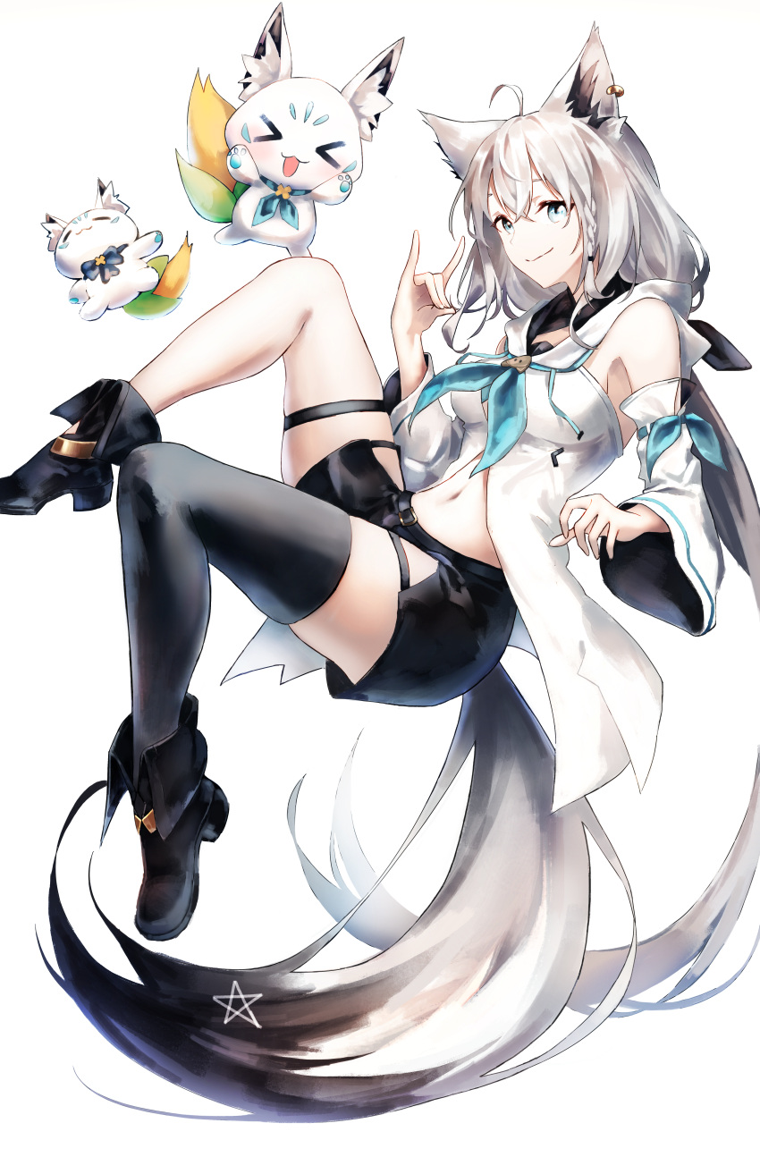 1girl, absurdres, ahoge, animal_ears, ankle_boots, black_footwear, black_thighhighs, blue_neckerchief, boots, detached_sleeves, ea, fox_ears, fox_girl, fox_shadow_puppet, fox_tail, highres, hololive, hood, hoodie, kyoko_(zeprii4), low_twintails, medium_hair, neckerchief, shirakami_fubuki, shirakami_fubuki_(1st_costume), single_thighhigh, smile, solo, sukonbu_(shirakami_fubuki), tail, thigh-highs, thigh_strap, twintails, virtual_youtuber, white_hoodie, white_sleeves