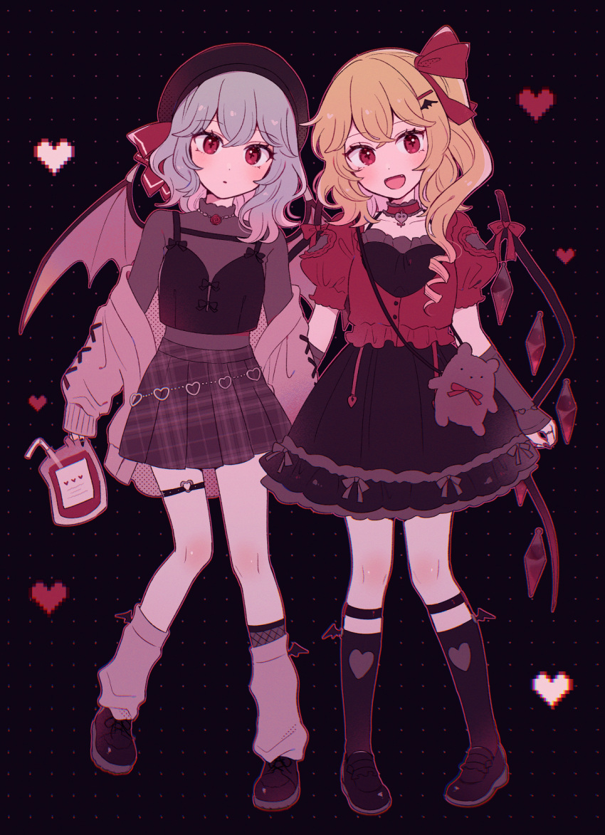 2girls, alternate_costume, bag, bat_wings, beret, black_footwear, black_hat, black_nails