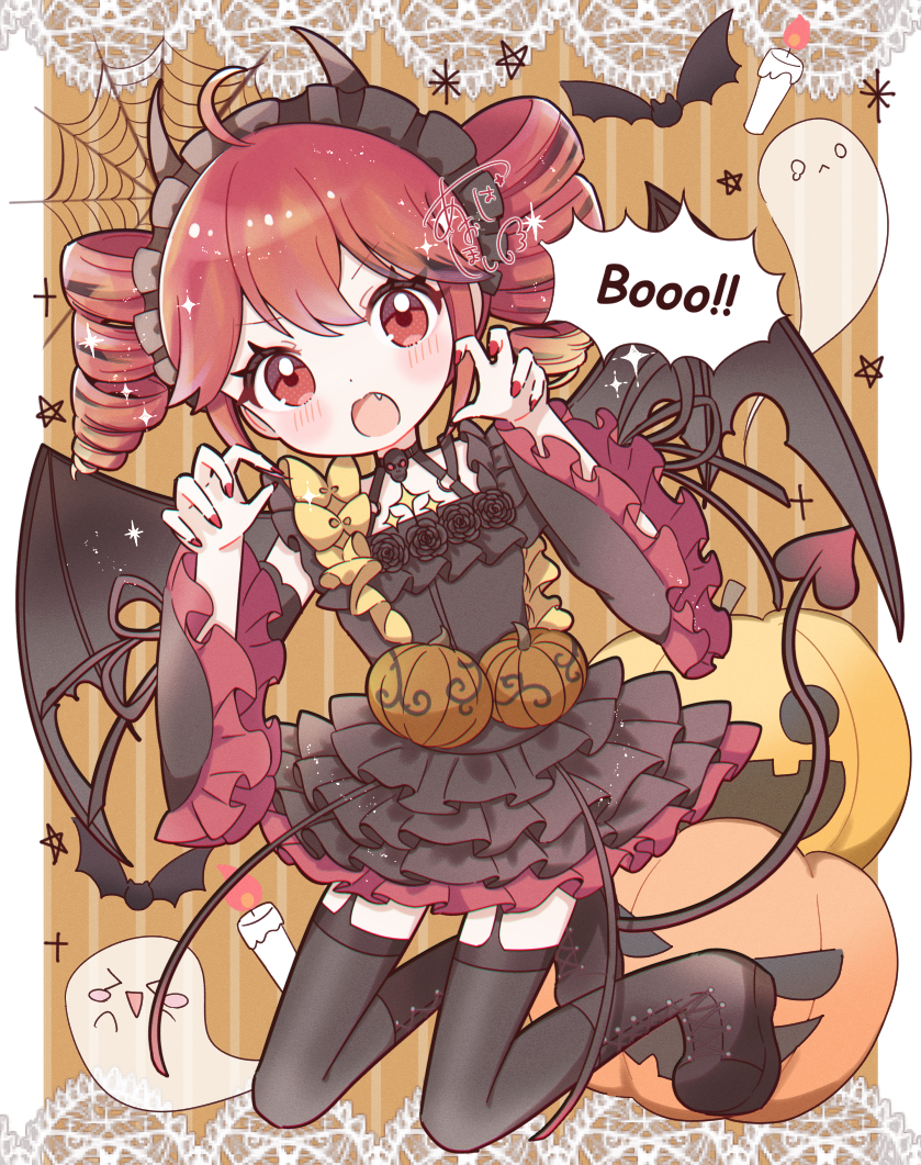 1girl, ahoge, aobahosino, bat_(animal), blush, boots, border, candle