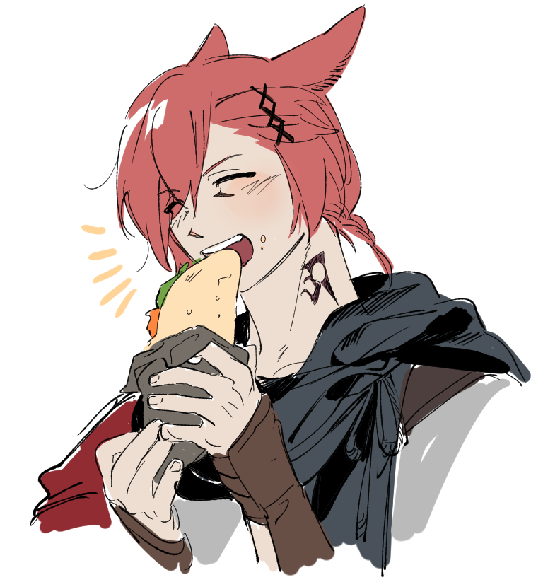 1boy, animal_ears, arms_up, black_scarf, bracer, braid, closed_eyes, commentary_request