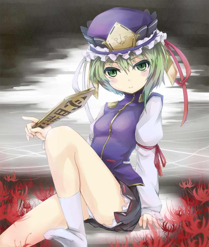 crost, flower, footwear, green_eyes, green_hair, hat, highres, panties