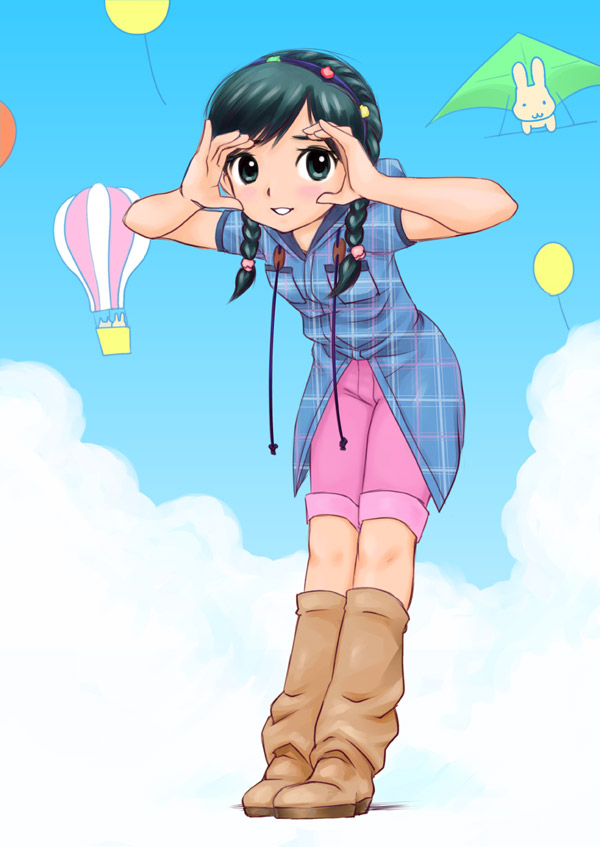 1girl, 2000s_(style), aircraft, blue_hoodie, blush, boots, braid, brown_footwear