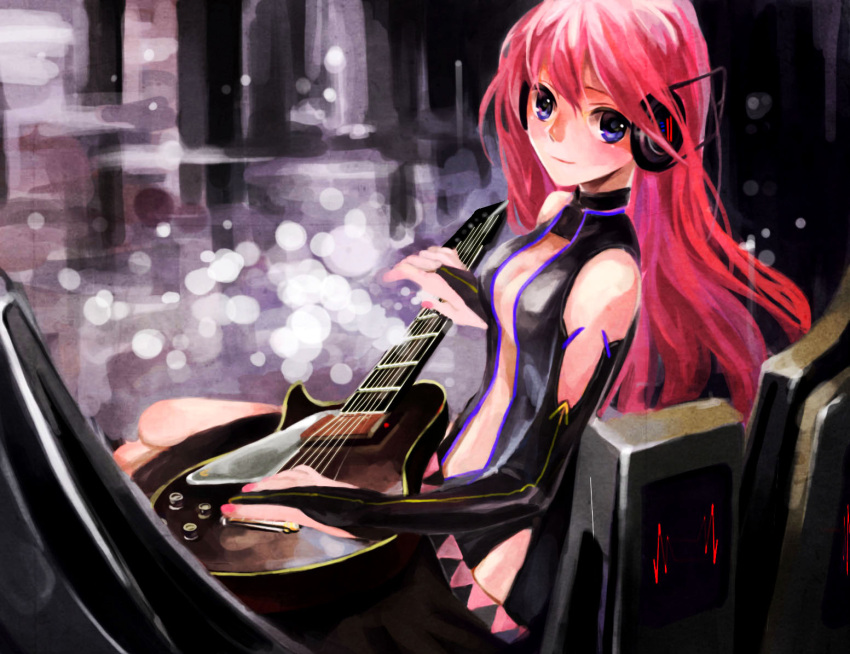 bad_id, belt, blue_eyes, blurry, bokeh, bridal_gauntlets, choker, depth_of_field