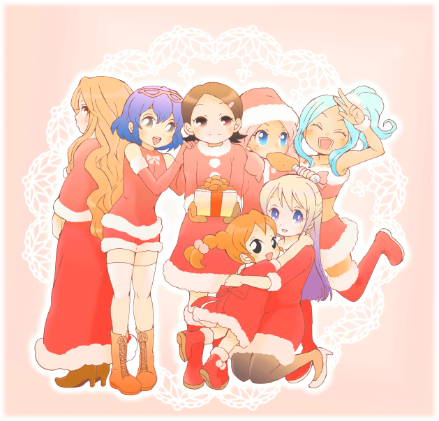 eating, gift, gouenji_yuuka, green_hair, hat, inazuma_eleven, inazuma_eleven_(series), kino_aki, kudou_fuyuka, multiple_girls, otonashi_haruna, raimon_natsumi, santa_costume, santa_hat, short_hair, t9634, thighhighs, urabe_rika, zaizen_touko