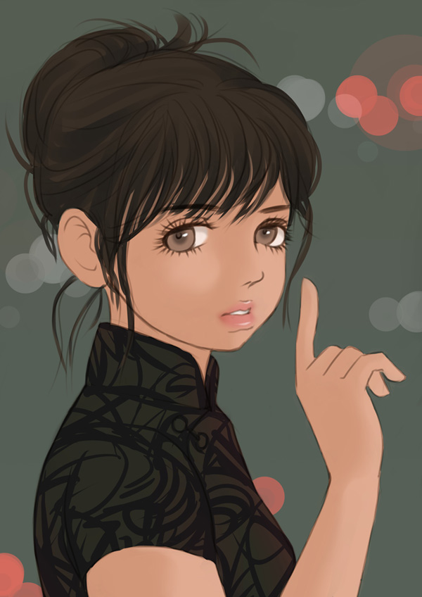 1girl, ana_de_armas, black_shirt, blade_runner_2049, brown_eyes, brown_hair, chinese_clothes, expressionless