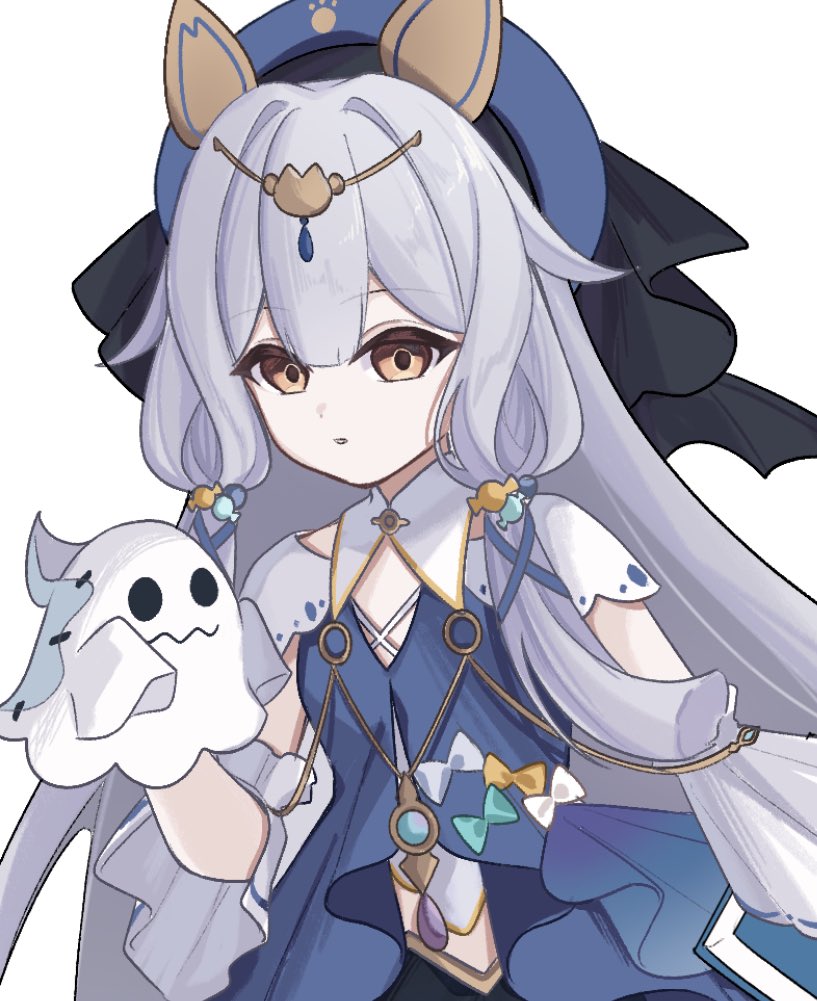 1girl, bat_wings, blue_dress, blue_hat, blunt_tresses, commentary, dress, fake_wings