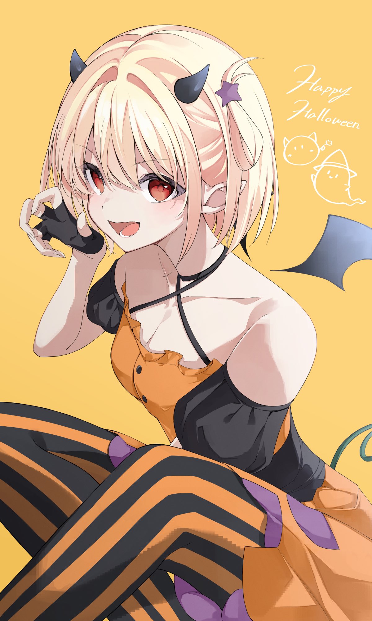 bare_shoulders, blonde_hair, claw_pose, crossed_legs, fingerless_gloves, gloves, halloween_costume, happy_halloween