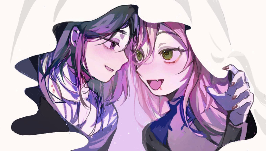 2girls, alien_stage, black_hair, chinese_commentary, commentary_request, english_commentary, face-to-face, fang