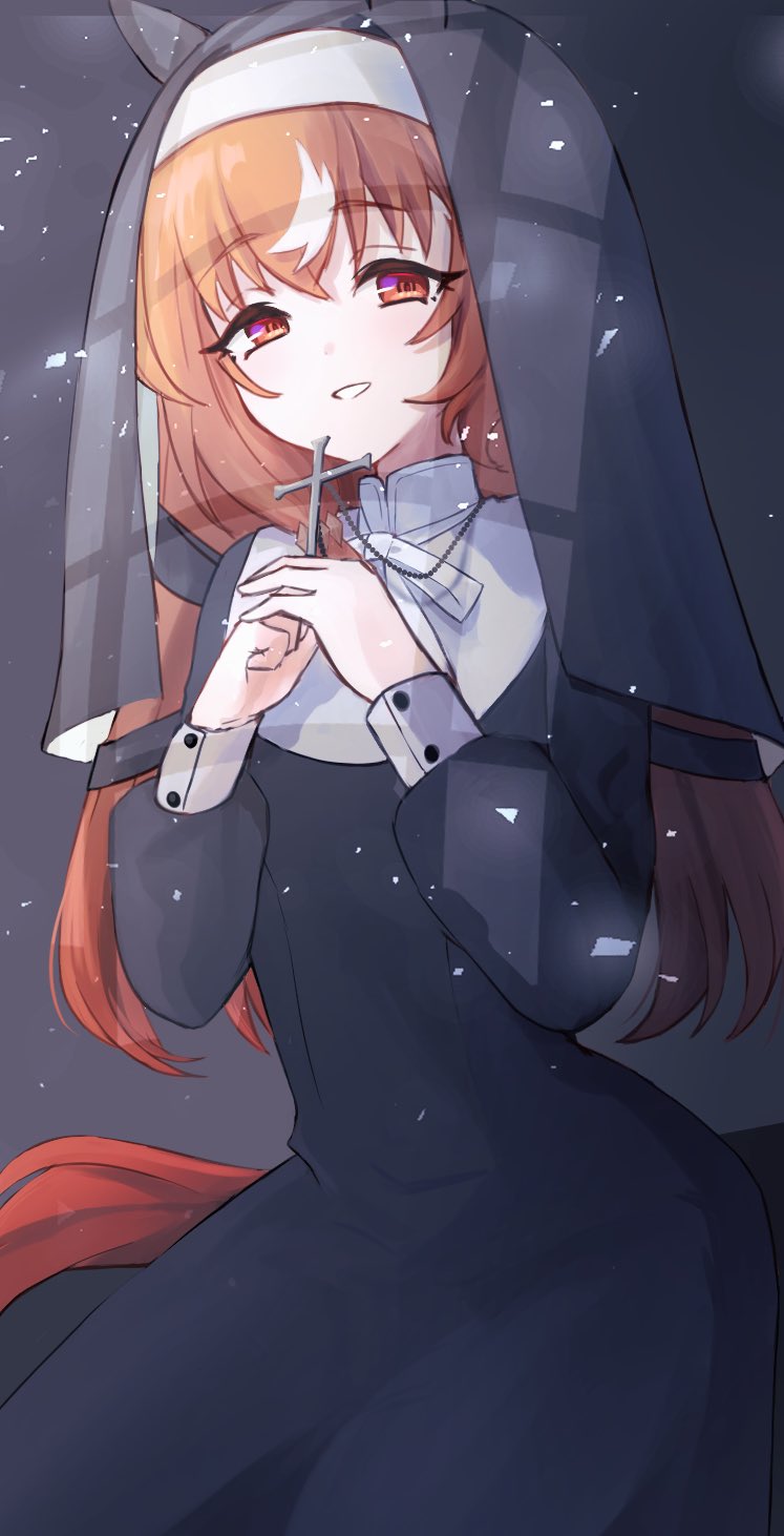 1girl, alternate_costume, blush, breasts, brown_hair, closed_mouth, commentary_request, cross