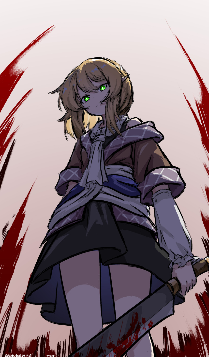 1girl, absurdres, arm_warmers, bare_shoulders, blonde_hair, blood, blood_on_weapon, green_eyes