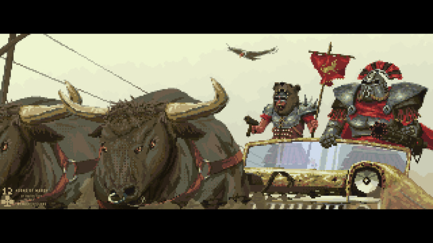 animal_hood, animated, animated_gif, armor, aseprite_(medium), battle_standard, bear_hood, bird