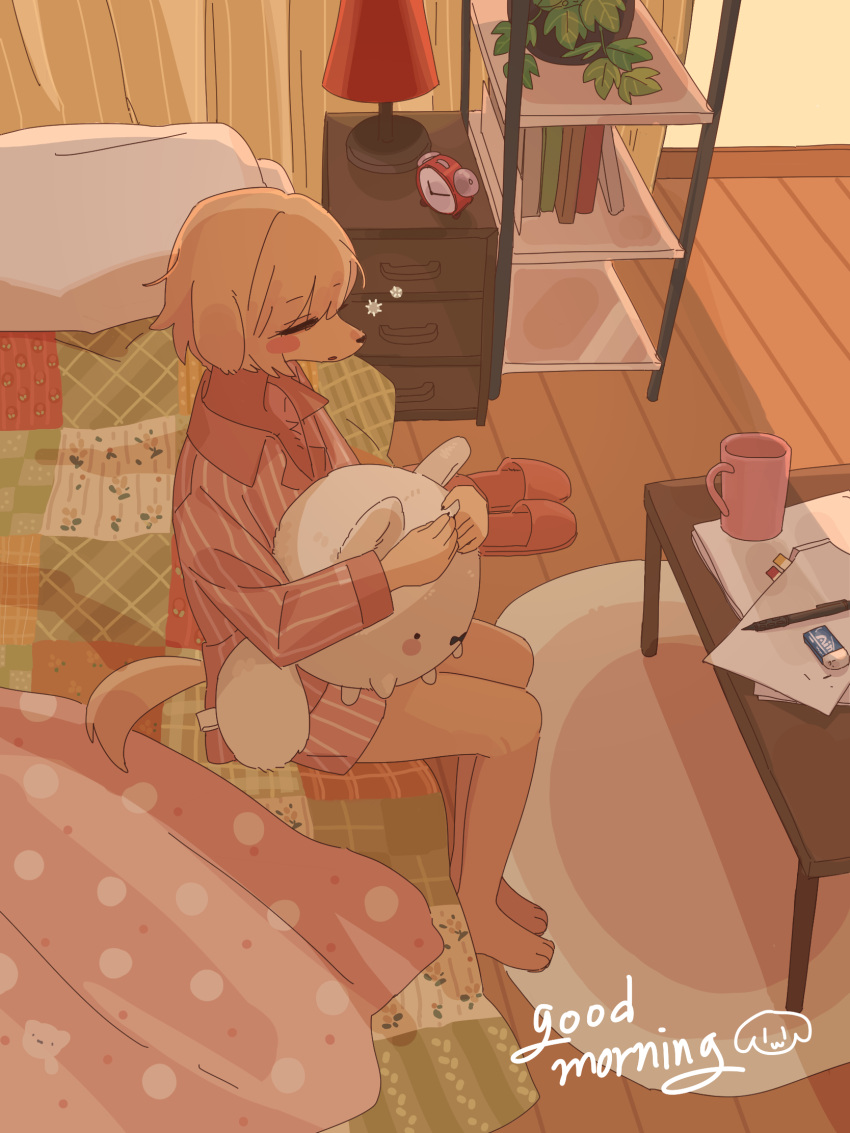 1girl, alarm_clock, animal_ears, barefoot, bed, blanket, blonde_hair, blush_stickers
