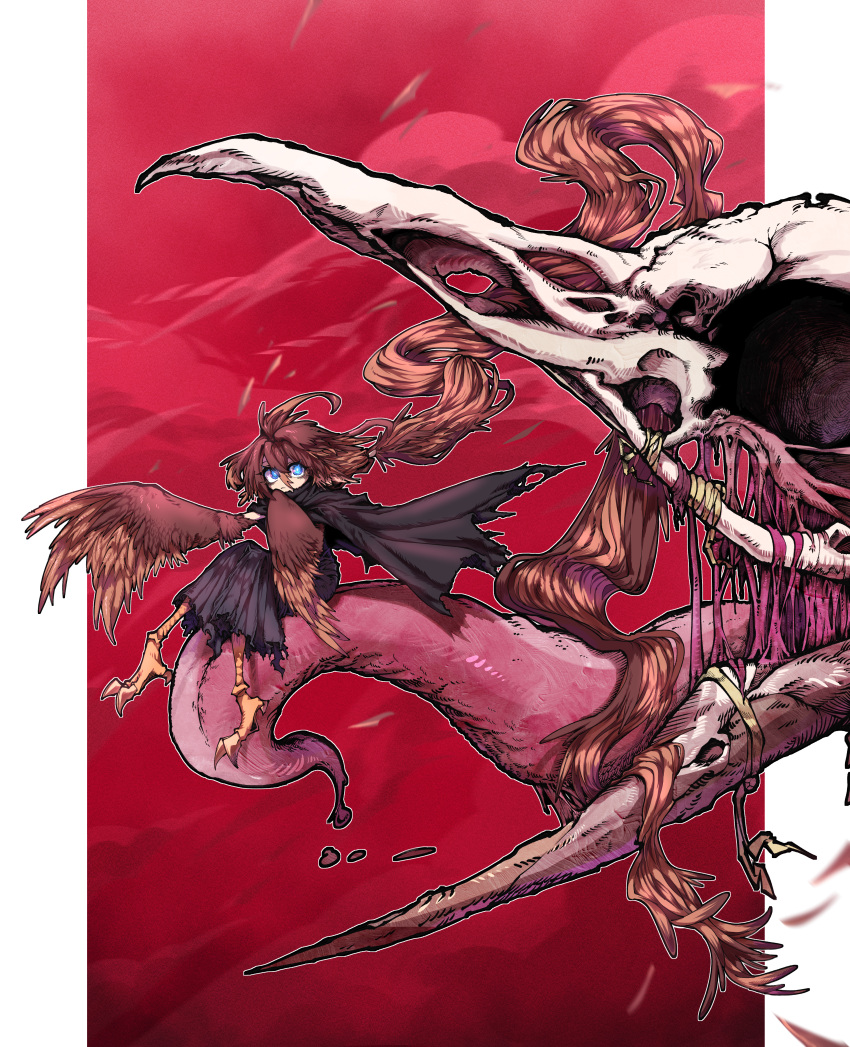 1girl, absurdly_long_hair, absurdres, animal_skull, bags_under_eyes, bird_legs, black_cape, blue_eyes