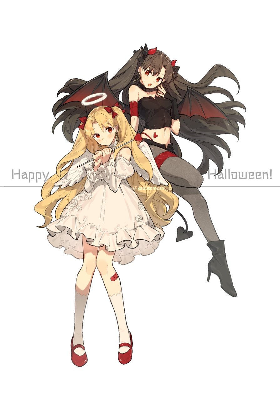 2girls, alternate_costume, angel_wings, bandaid, bandaid_on_leg, black_bow, black_choker, black_hair