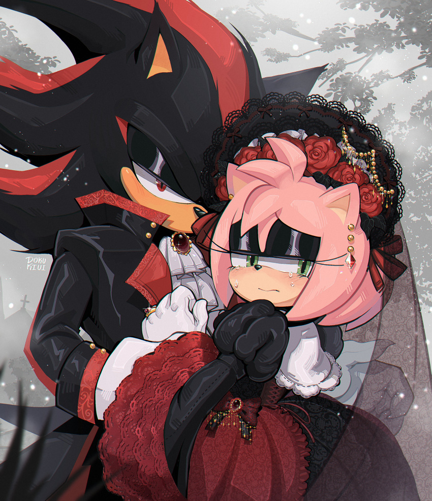 absurdres, amy_rose, black_eyeshadow, black_sleeves, blush, bonnet, bow, brooch