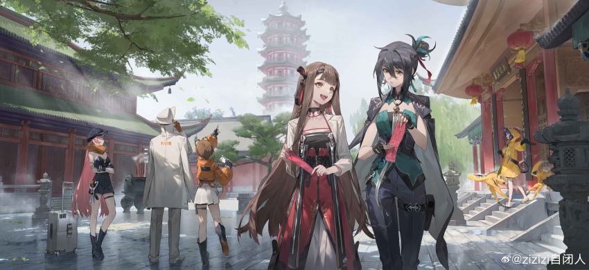 1other, 5girls, :d, :o, absurdres, architecture, black_footwear, black_gloves