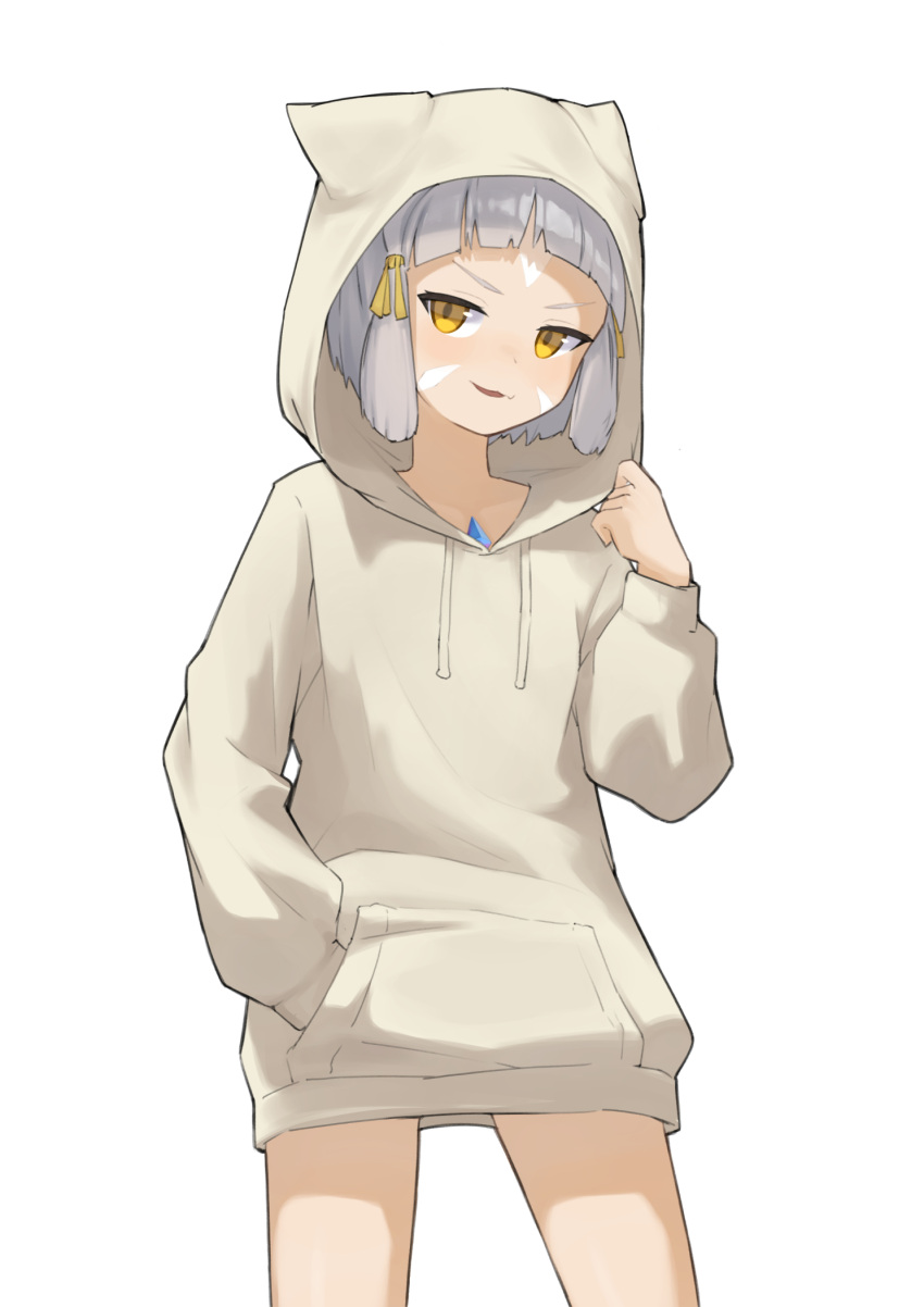 1girl, alternate_costume, animal_ears, bare_legs, blunt_bangs, cat_ears, cat_girl, chest_jewel