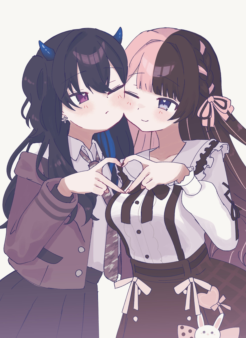 2girls, 4-finger_heart_hands, absurdres, black_hair, black_ribbon, black_skirt, blazer, blouse