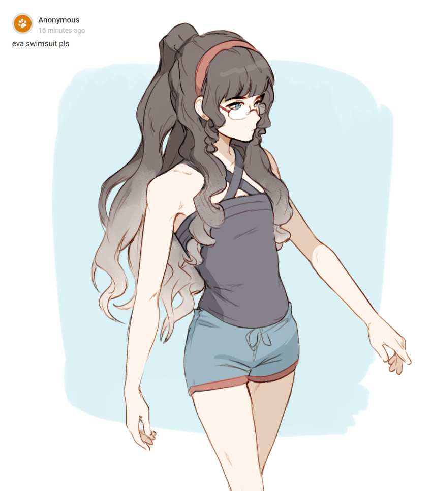 1girl, black_camisole, black_hair, blue_eyes, blue_shorts, camisole, drill_hair, drill_sidelocks