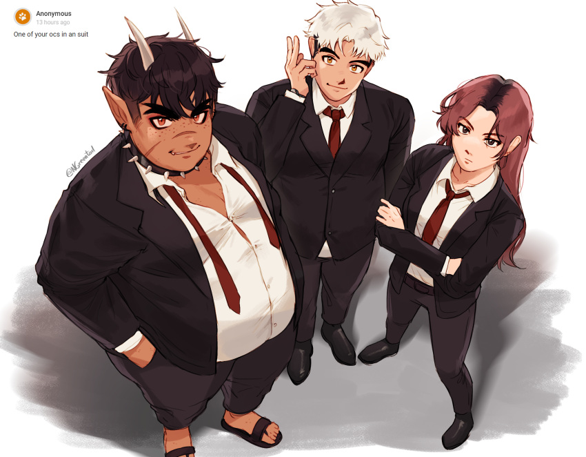 1girl, 2boys, black_hair, black_suit, brown_eyes, brown_hair, crossed_arms, dark-skinned_male
