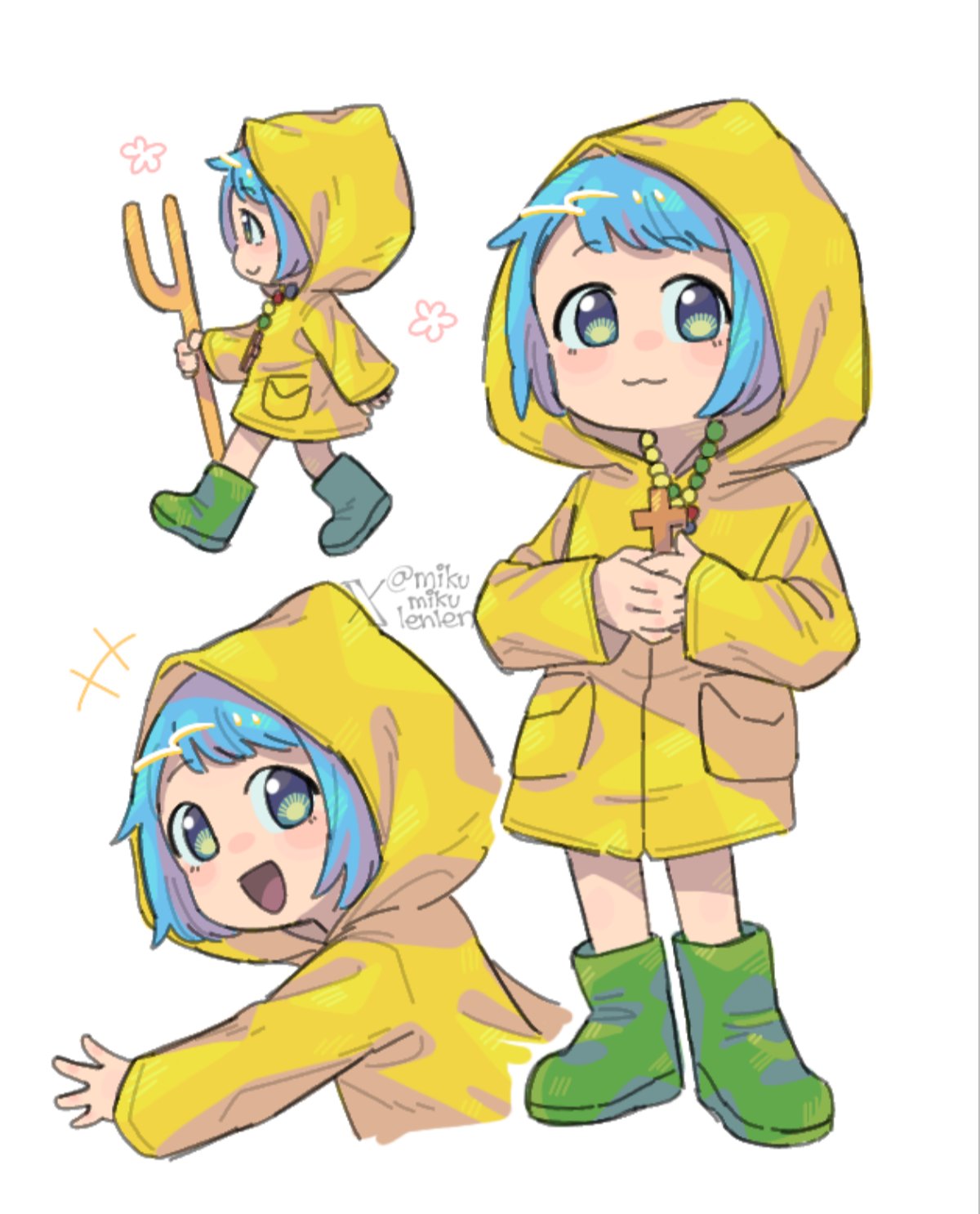 1girl, :3, ariamikukanzaki, bead_necklace, beads, blue_eyes, blue_hair, boots